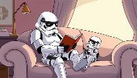 a_humorous__cartoon_style_scene_where_a_stormtrooper_is_sitting_on_a_plush__exaggeratedly_oversized_couch__telling_a_story_to_a-0441b3a2-a0a4-4aa1-990f-f0052bd7bb32.webp