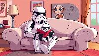 a_humorous__cartoon_style_scene_where_a_stormtrooper_with_exaggerated__comical_proportions_is_sitting_on_a_plush__oversized_couch__telling_a-a628b15b-bb35-430e-bb64-c5806dc5fe51.webp